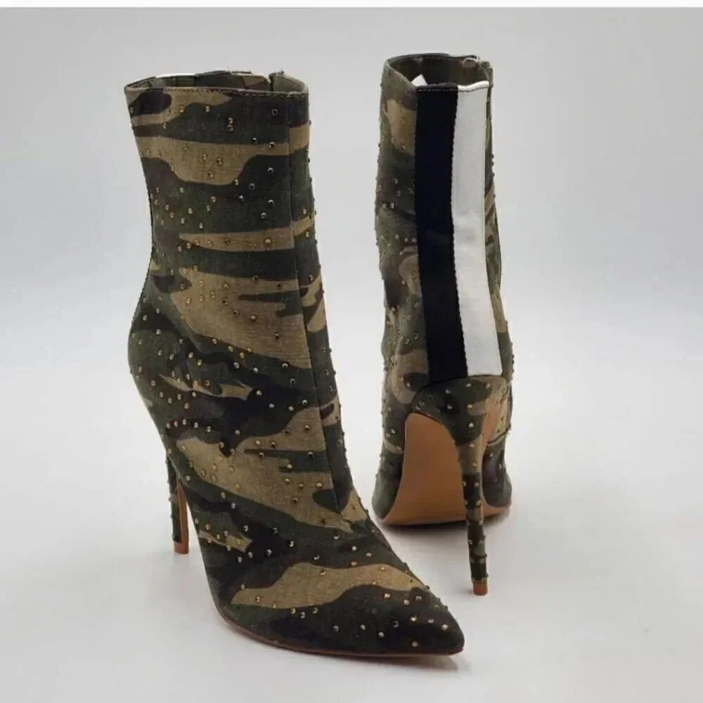 Steve Madden Camoflauge green with gold high heel boots size 6.5"